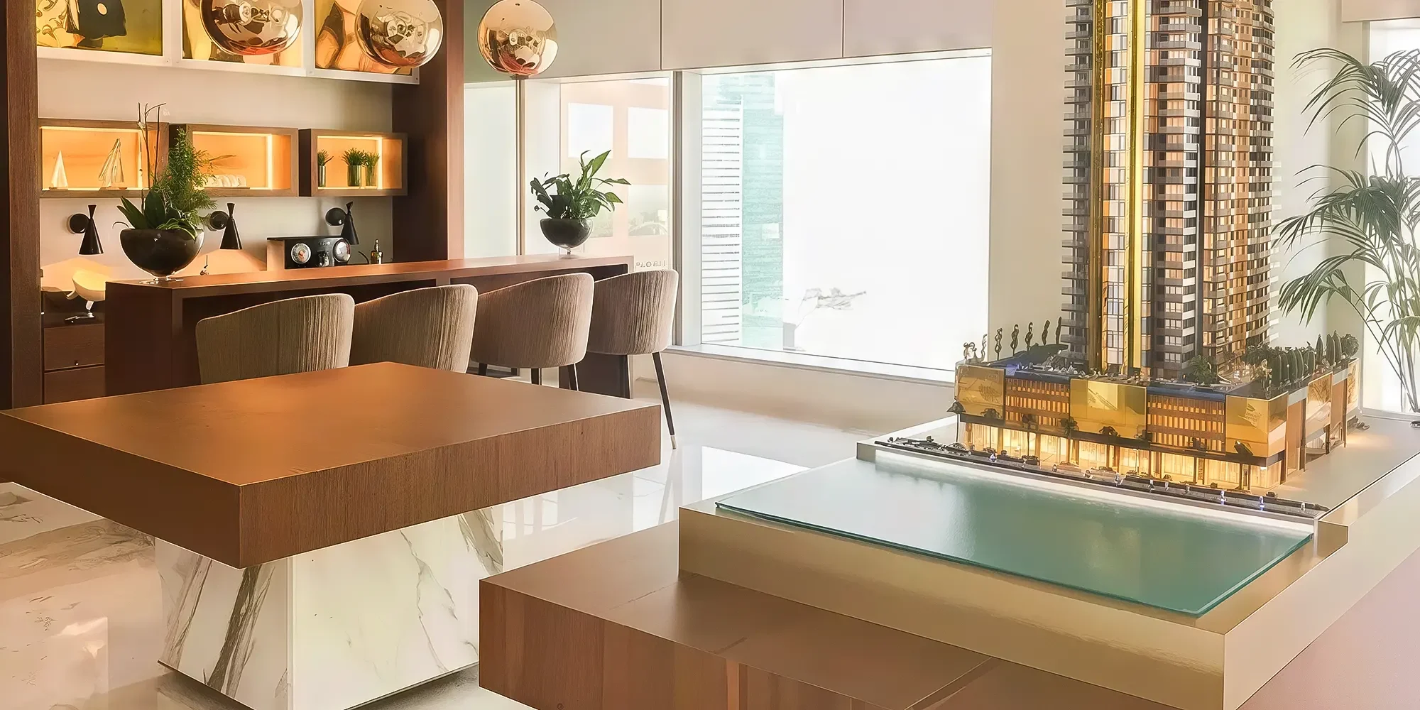 Sales office, Dar Al Arkan Dubai consisting of lounge chairs and mini building display. Luxury office setup.